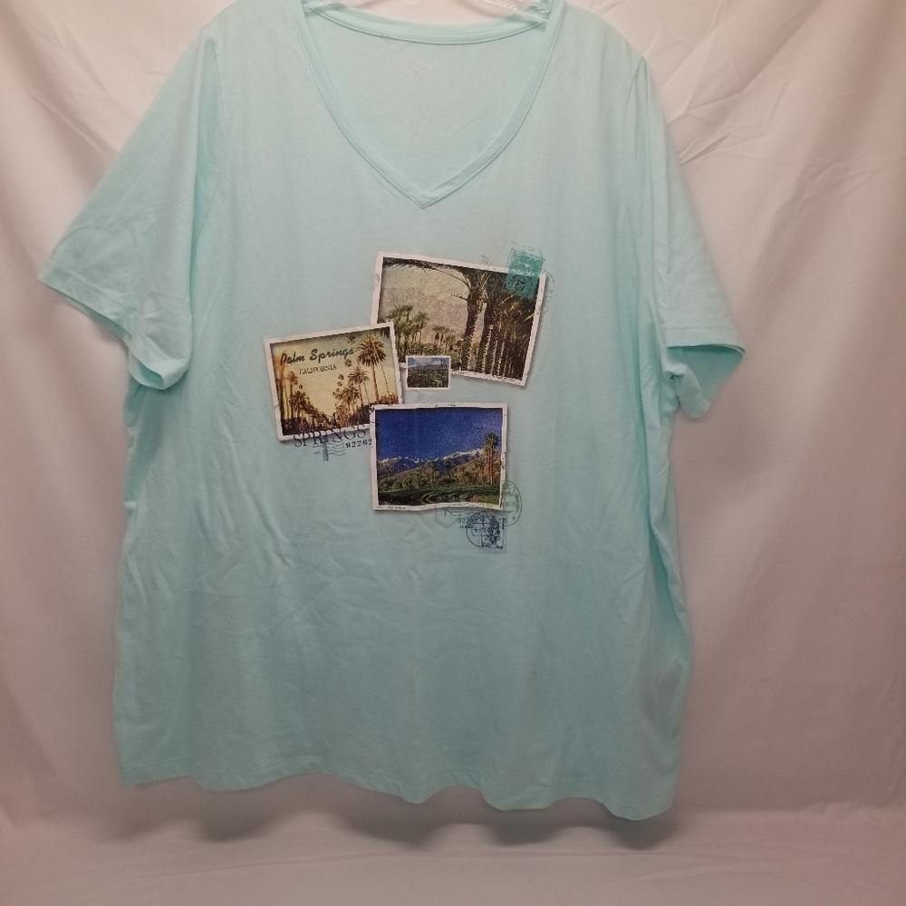 Catherines Womans Sz 1XL 18/20 T- Shirt Blue Green Short Sleeve Post Card Print